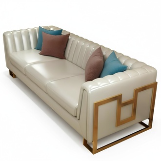Leather Sofa Couch 3 Seater Premium Design Modern Stainless Steel Beige Upholstered Sofa