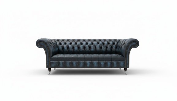 Classic Sofa 3-Seater Chesterfield With Buttons Dark Blue Faux Leather Couch Comfortable on Casters New
