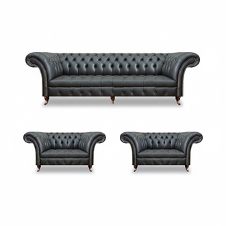 Leather sofa set 3-piece sofa three-seater couch 2x armchairs living room Chesterfield