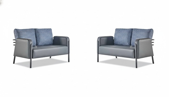 Leather Sofa Set Gray Blue Cushions 2-Seater Modern Upholstered Fabric