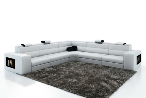 Leather sofa with USB, corner sofa seating cushions, XXL big living room landscape in white.