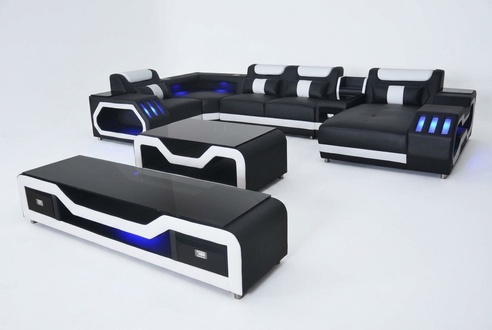 Leather sofas corner set design sofa living landscape + coffee table + RTV USB new