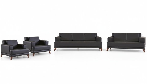 Leather sofa set 3-seater 2-seater 2x armchairs black cushions wood
