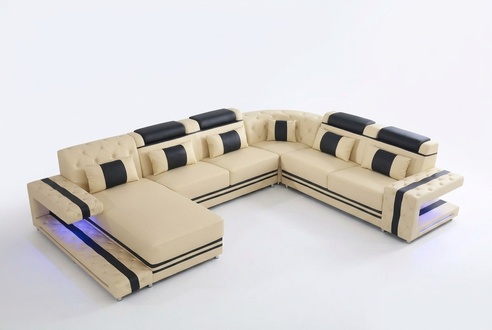 Leather upholstery seat design modern corner set sofa living area U shape USB LED