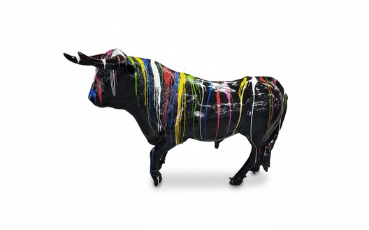 Full black painted gloss bull figure colored with abstract stripes 150cm length A838