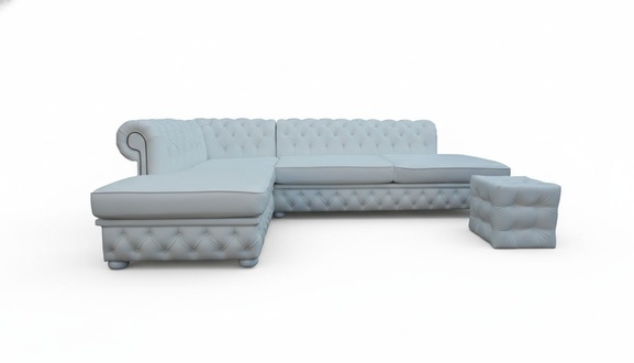 Light blue corner sofa, pouf, big textile fabric, Chesterfield sofas, furniture, 2-piece.
