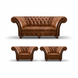 Light brown Chesterfield leather sofa designer 2x leather armchairs armchairs