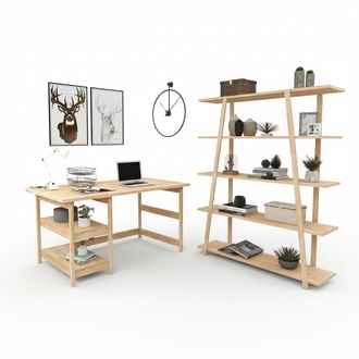 Light brown study set designer office table wooden bookcase