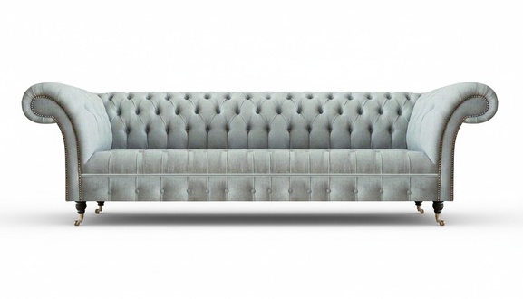 Light gray Chesterfield four-seater modern elegant living room seating furniture.