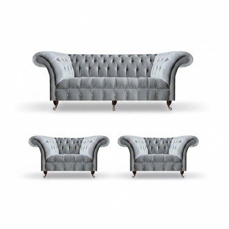Light gray Chesterfield seating set three-seater, single seat, 2x armchairs, 3-piece.
