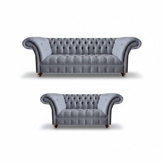 Light grey Chesterfield upholstered sofas designer 3-seater two-seater 2-piece set