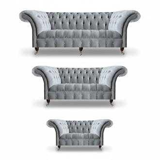 Light gray Chesterfield fabric sofas designer three-seater chair seating furniture.