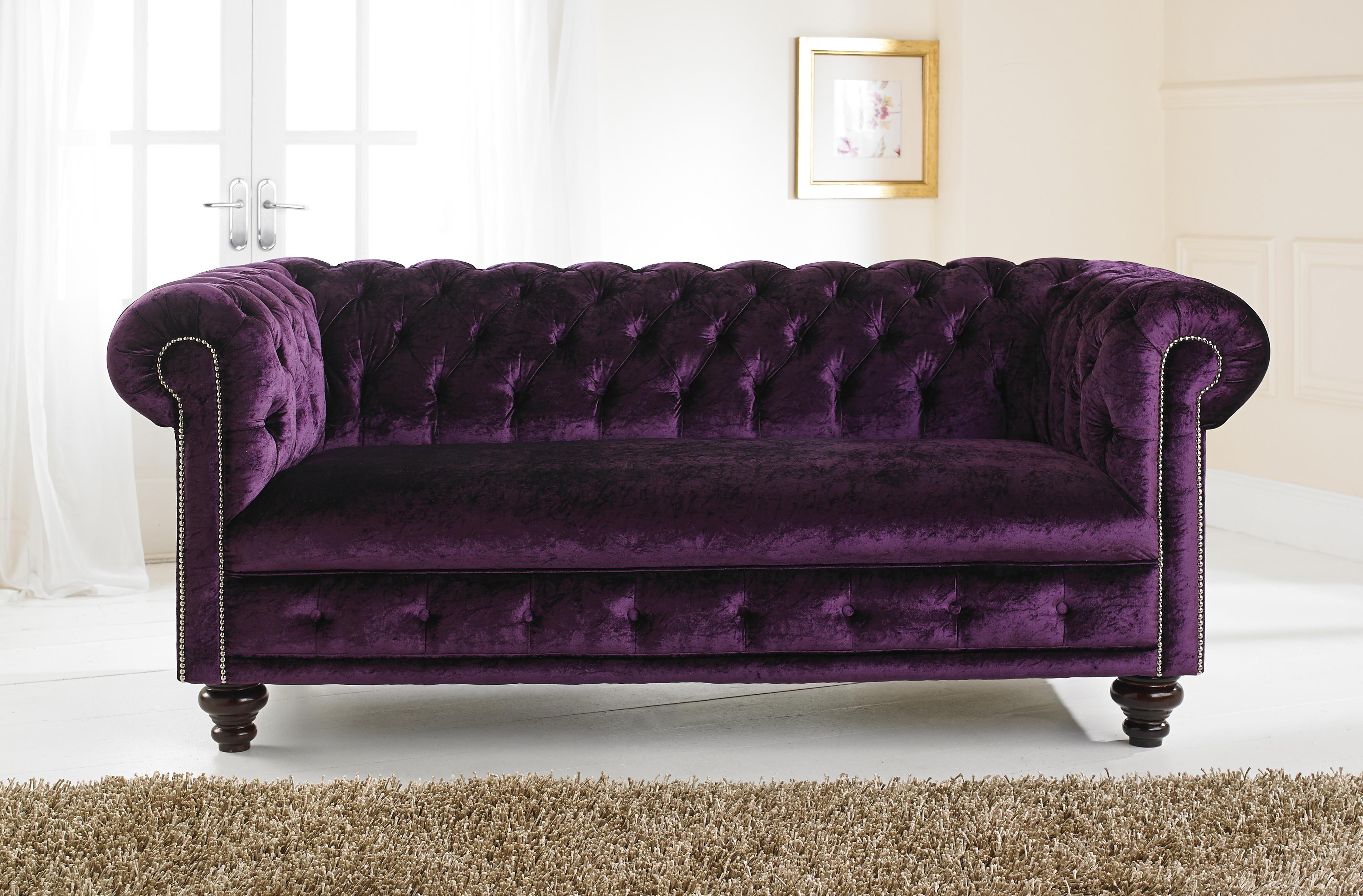 Design Chesterfield Sofa Set 2 Seater Fabric Couch Purple Upholstery Sofas Sofa