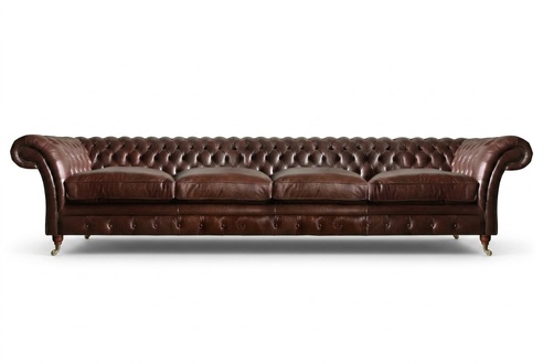 Living Room Design Furniture Brown Big Sofa Four-Seater Chesterfield Couch