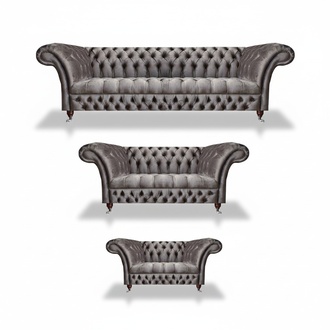 Living Room Gray Upholstered Furniture Textile Luxurious 3-Piece Chesterfield Sofa Set