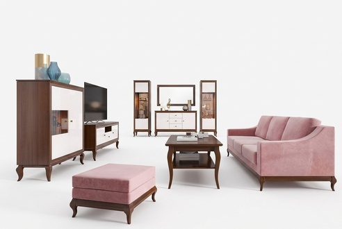 Modern style made of real wooden living room set of 2x-showcases, sideboard & wall mirror