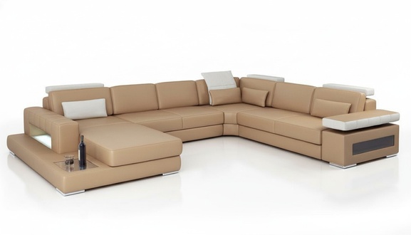 Corner Sofa Living Area Couch Light Brown Leather Upholstery Seat Corner Sofa U Shape Sofas