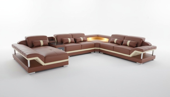 Living Room U-Shape Cream Brown Corner Sofa Leather Sofa Couch Upholstery Corner Seat New
