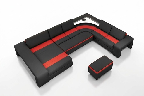 Corner sofa seating area with LED & USB, upholstered couch set in U shape, leather.
