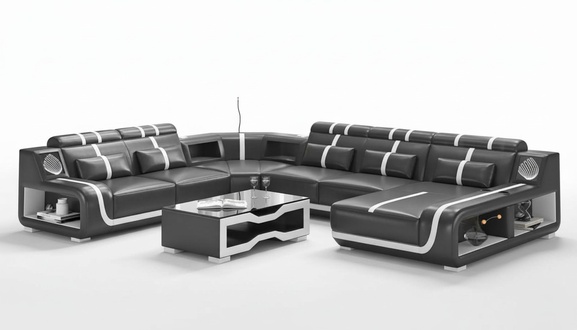 Living area XXL sofa U shape large corner sofa leather sofa black sofas