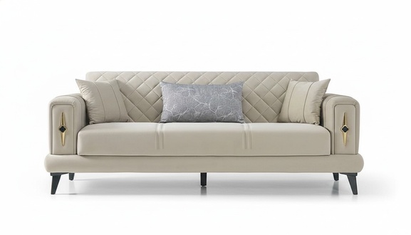 Living Room Beige Three-Seater Sofa Couch Textile Upholstered Furniture Sofas 3 Seater