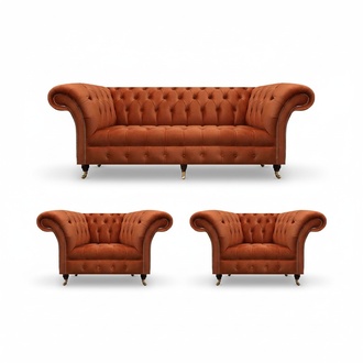 Living room brown Chesterfield set 2x armchairs 3-seater 3-piece
