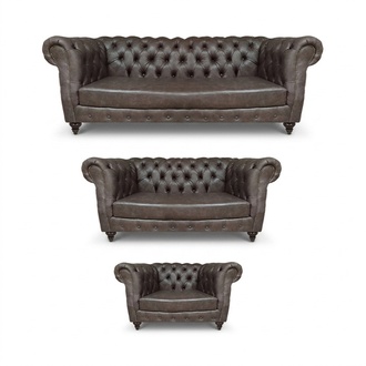 Living Room Brown Set 3-piece Upholstered Furniture Leather Sofas Modern Complete Chesterfield