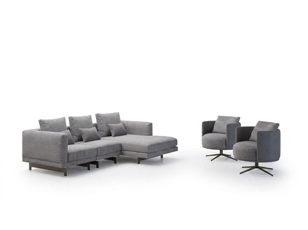 Living room complete 4pcs 2x armchair with corner sofa L-shape designer wooden coffee table
