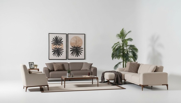Living Room Corner Sofa L-Shape Sofa 3 Armchairs Coffee Table 2x Side Tables Set