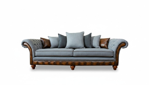 Living room furniture fabric textile gray Chesterfield three-seater sofa couch upholstery