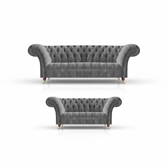 Living Room Gray Chesterfield Sofas Complete Set 3-Seater Two-Seater