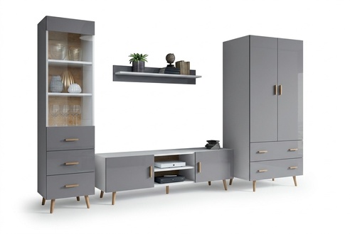 Living Room Modern Style Living Walls 4pcs Set Modern Living Wall Display Cabinets Shelf Cupboard