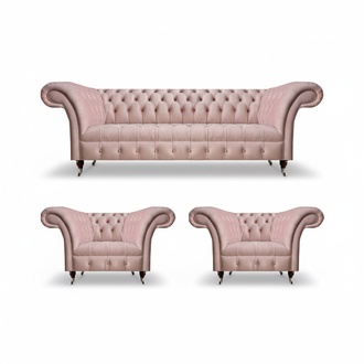 Living room pink Chesterfield set 2x armchairs designer textile 3-seater