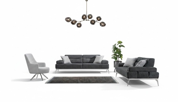 Living room set 3pcs 2x 3-seater grey with white armchair modern design textile