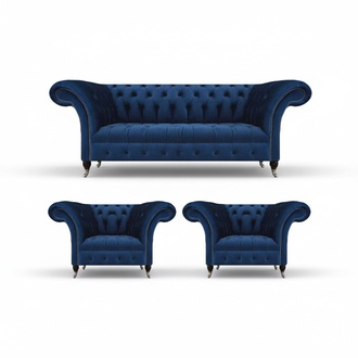 Living Room Set 3-piece Luxury Chesterfield Suite Blue Upholstered Seat Chesterfield
