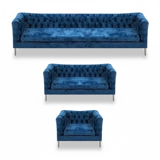 Living Room Set 3-piece Modern Blue Design Textile Fabric Chesterfield Sofa Complete