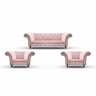 Living room set 3pcs sofa three seats pink complete 2x armchair Chesterfield