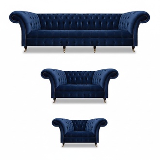 Living room set 3-piece Chesterfield blue textile luxury sofas design furnishings