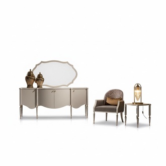 Living room set 4 pieces armchair side table sideboard mirror beige