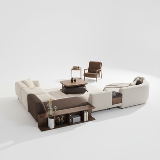 Living room set corner sofa U-shape new armchair luxury wooden coffee table stool