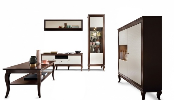 Modern style made of real wooden living room set of wall shelf, TV lowboard, showcase, cupboard & coffee table