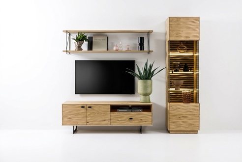 Living Room Set Modern TV Lowboard Media Furniture Brown Wall Shelf
