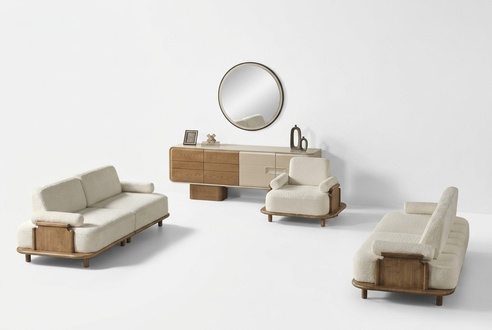 Living Room Set Sofa 3-Seater Armchair Console Mirror White Fabric Glass Modern