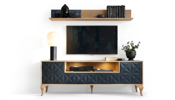 Living Room Set TV Lowboard Luxurious Media Furniture Wood Wall Shelf