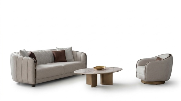 Living room set with 3-seater and 1-seater, coffee table, and modern TV lowboard.