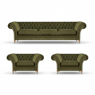 Living room sofa set 3 pieces green fabric three-seater sofa 2x Chesterfield armchairs