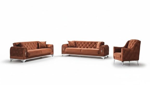 Living Room Sofa Set 3-piece Upholstered Furniture Chesterfield Brown 3+3+1 Seater
