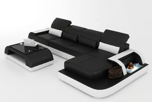 Living Landscape Corner Sofa Leather Sofa Corner Couch Sofa With Shelf Upholstery Led Black