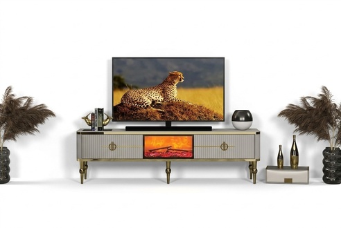 Living room TV lowboard high-quality materials MDF metal white + gold
