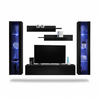 Living Room Wall Unit Lowboard Wood Wall Shelves Design Black Modern Set 5tlg